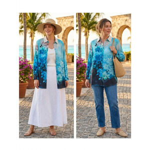 Soft Surroundings Silk Floral Button Up Shirt Blue Tunic Top Luxe vacation XL
